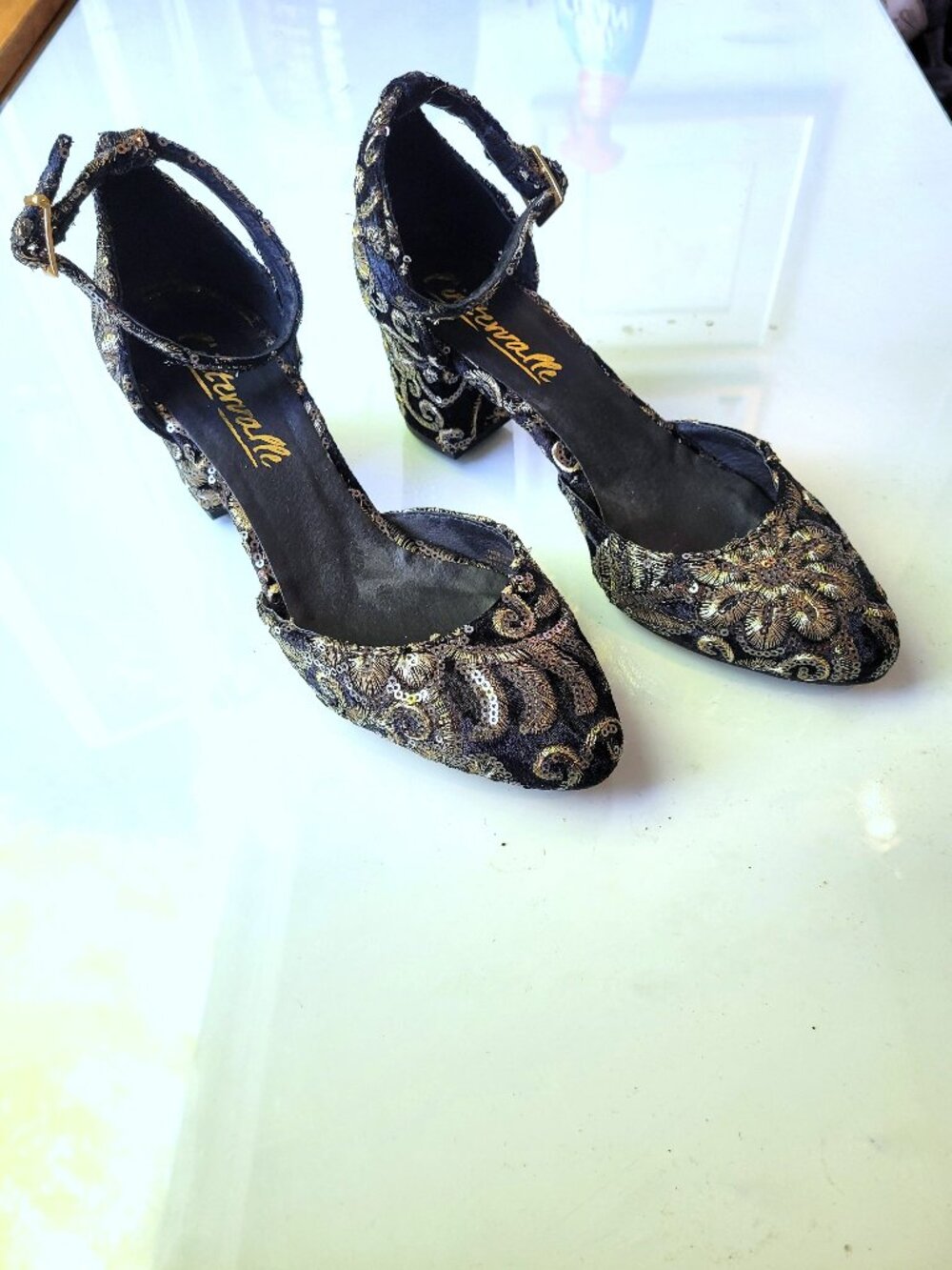 L'Intervalle Black and Gold Beaded Evening Heels Size EU 38